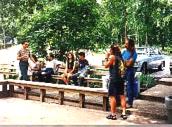 People gathering on the deck outside the church.