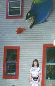 Outside a restaurant with a large shark on the wall after a fish.